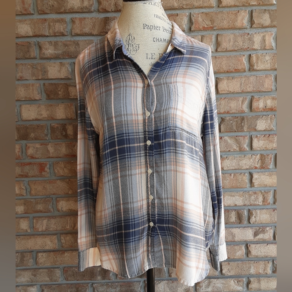 Lucky Brand Plaid Long Sleeve Button Down Shirt with Hi-low Hem.